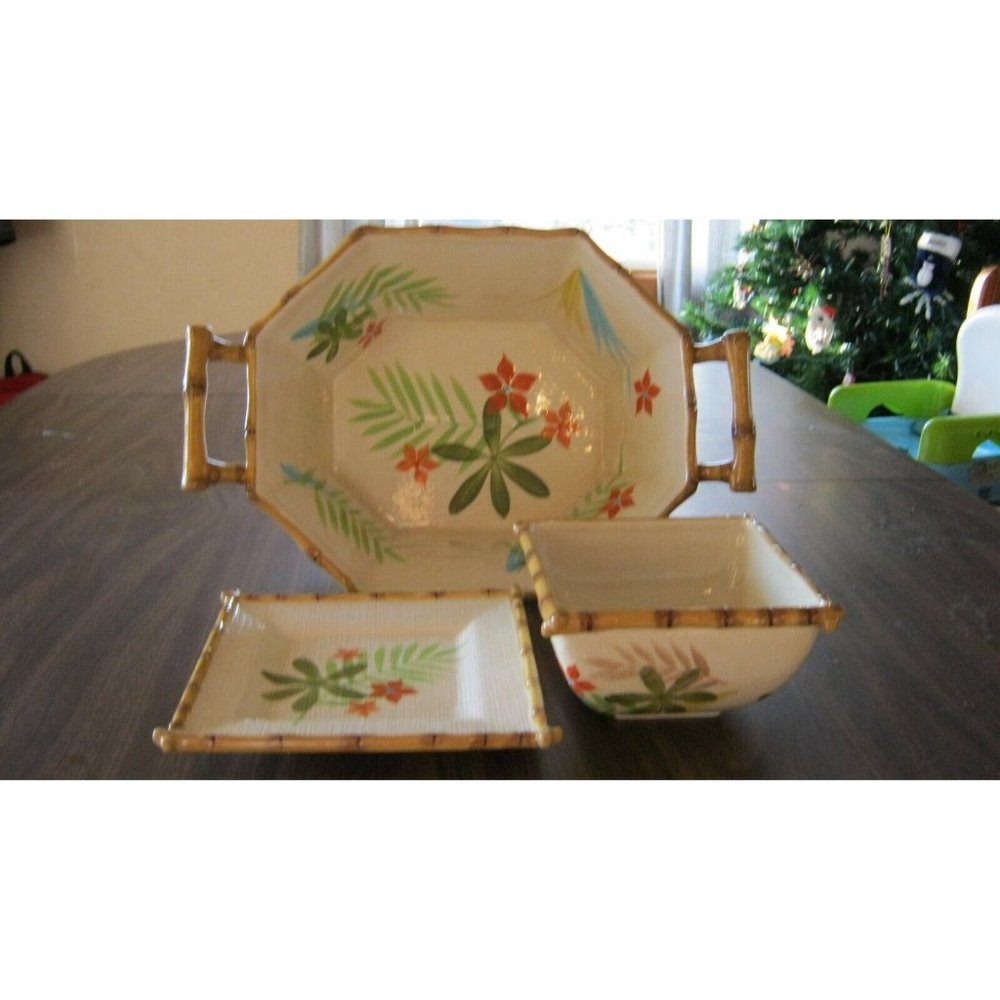 Summer Party Ceramic Bamboo Serving Bowl with Dip Bowl and Plate Set